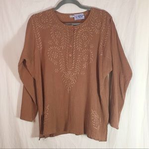 Mexicali Blues Boho Embroidered Brown Top